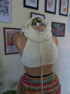 Frostflare Crochet Set – Detachable Hoodie Halter Top & Multicolor Mini Skirt