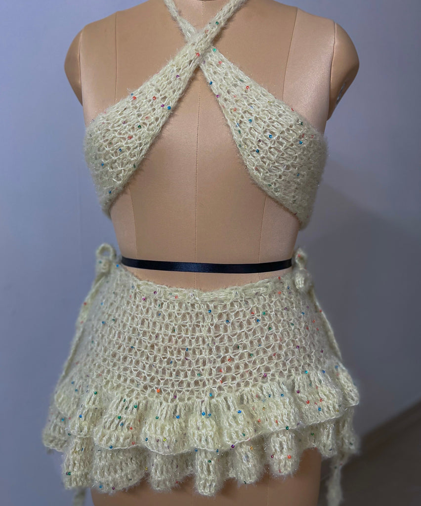 The Lily Crochet Set – Convertible Beaded Top & Ruffle Skirt (Custom Fit)