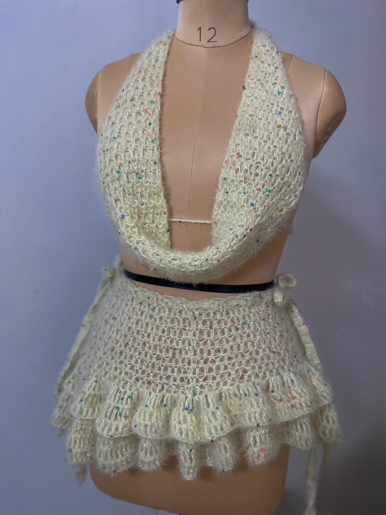 The Lily Crochet Set – Convertible Beaded Top & Ruffle Skirt (Custom Fit)