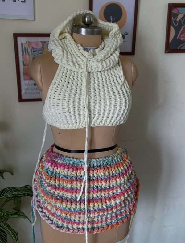 Snowflake Dream Knit Set – Halter Top, Mini Skirt & Detachable Hoodie